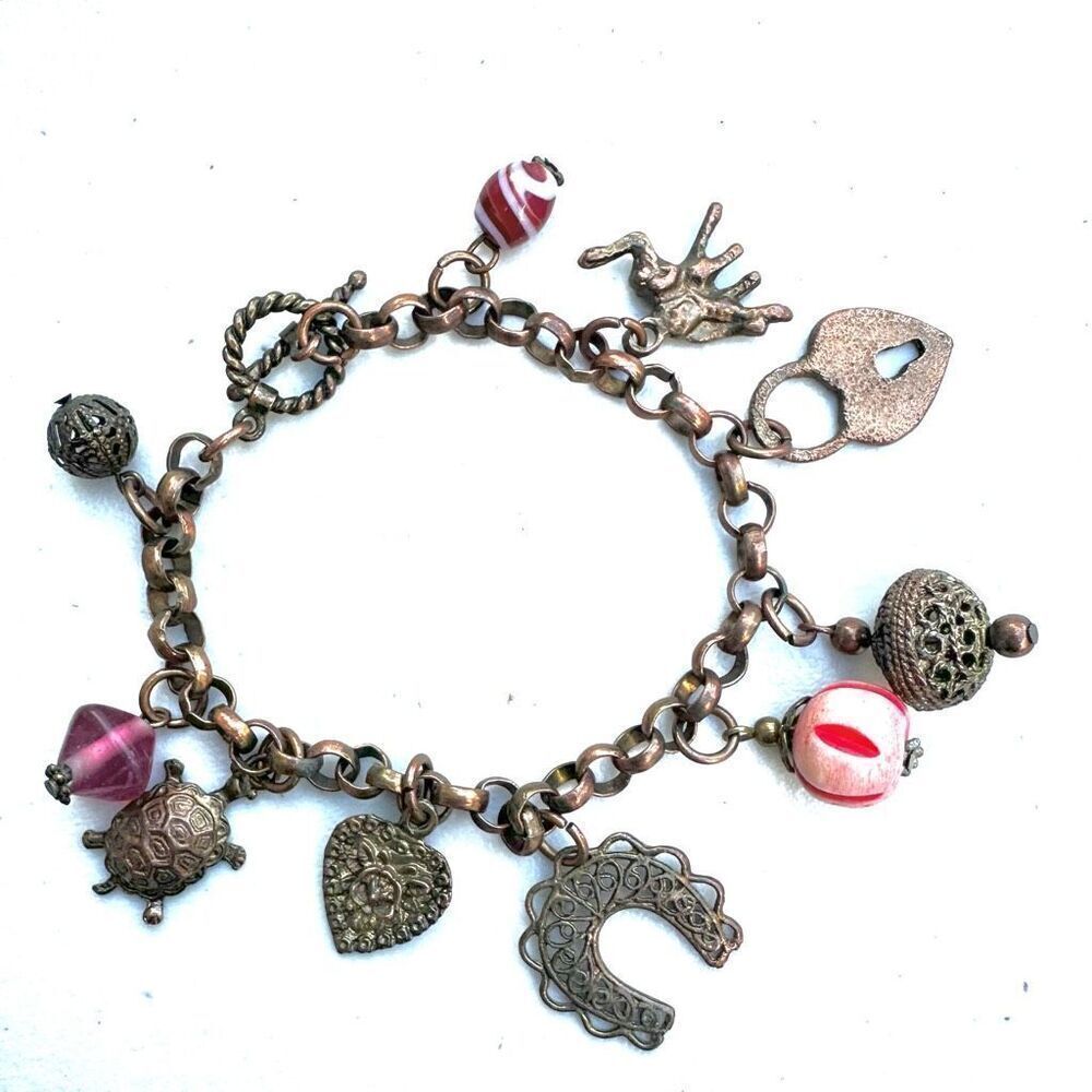 Brass  copper Charm Bracelet Pink Beads Turtle Heart Elephant Locket Horseshoe